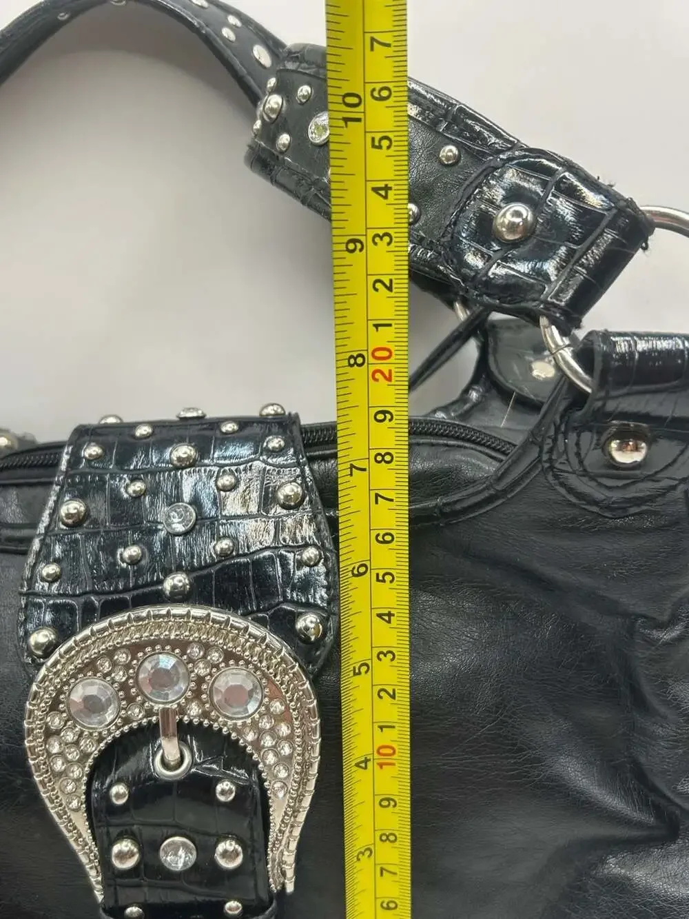 Y2K Black Faux Leather Rhinestone Buckle Studded Shoulder Bag